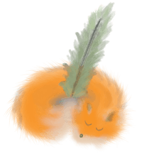 An illustration of a fox curled up sleeping peacefully with a green quill nestled between its body.